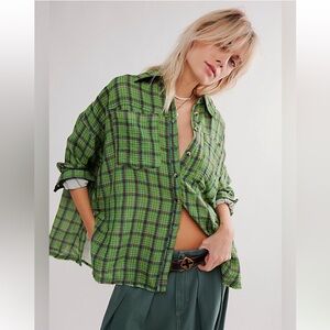 Free People We The Free Cardiff Plaid Button Down Gauze Top in Green Combo Large
